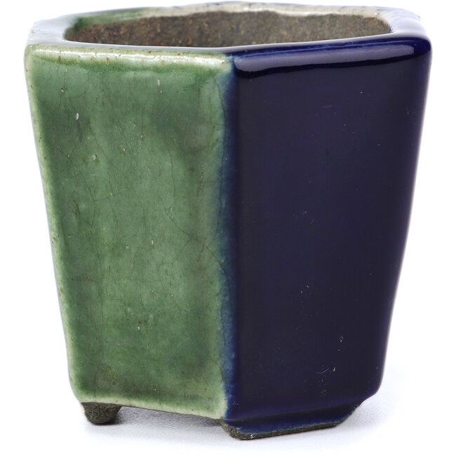 Sechseckige grüne Bonsaischale von Terahata Satomi Mazan - 73 x 65 x 65 mm