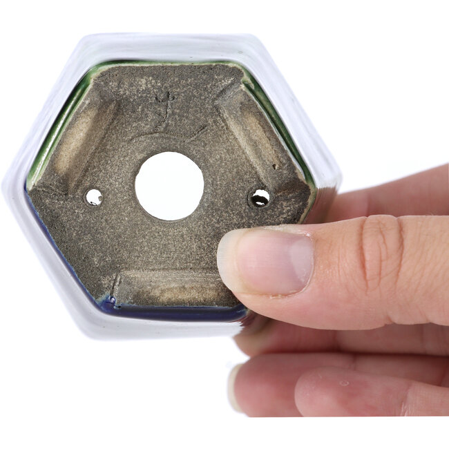 Hexagonal green bonsai pot by Terahata Satomi Mazan - 73 x 65 x 65 mm