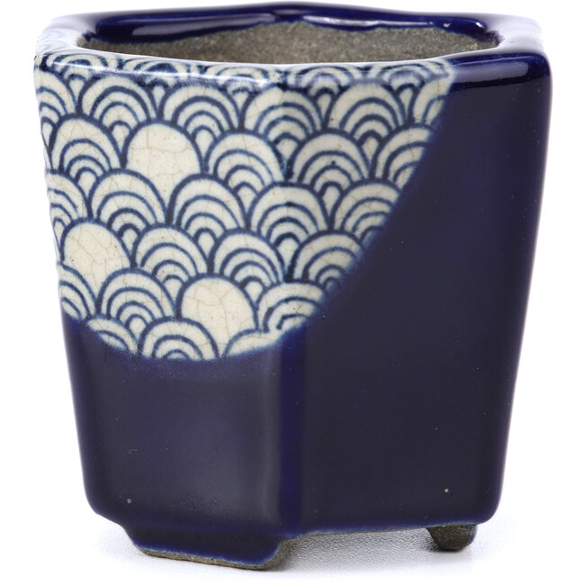 Hexagonal blue bonsai pot by Terahata Satomi Mazan - 73 x 65 x 65 mm