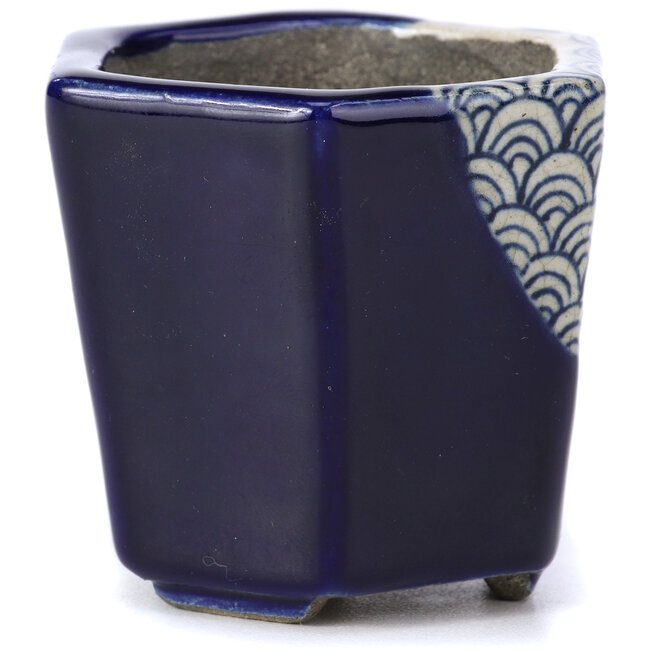 Hexagonal blue bonsai pot by Terahata Satomi Mazan - 73 x 65 x 65 mm