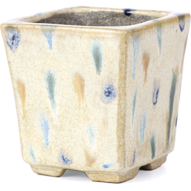 Square beige bonsai pot by Terahata Satomi Mazan - 65 x 65 x 70 mm