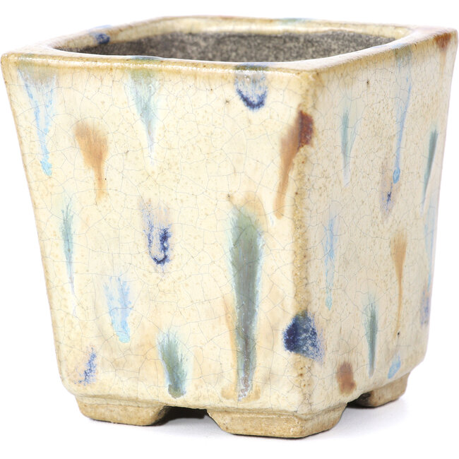 Quadratische beige Bonsaischale von Terahata Satomi Mazan - 65 x 65 x 70 mm