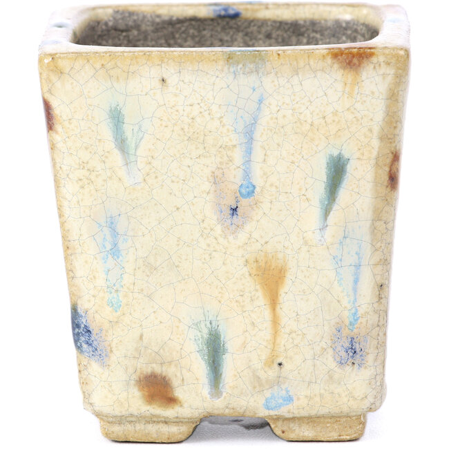 Square beige bonsai pot by Terahata Satomi Mazan - 65 x 65 x 70 mm