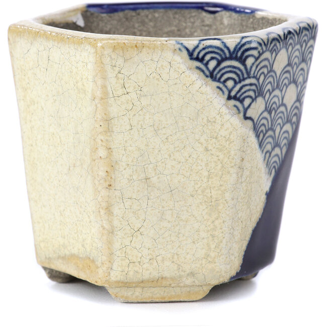 Pot à bonsaï bleu hexagonal par Terahata Satomi Mazan - 73 x 65 x 65 mm