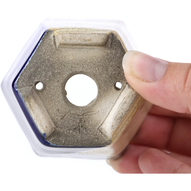 Vaso esagonale blu per bonsai di Terahata Satomi Mazan - 73 x 65 x 65 mm