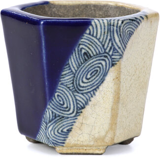  Satomi Mazan, Mazan Terahata Pot à bonsaï beige hexagonal 73 mm par Terahata Satomi Mazan, Tokoname, Japon