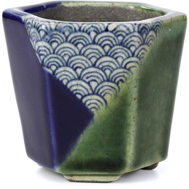 Pot à bonsaï hexagonal vert par Terahata Satomi Mazan - 73 x 65 x 65 mm