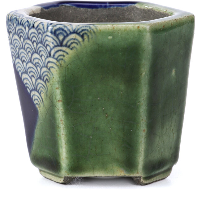 Sechseckige grüne Bonsaischale von Terahata Satomi Mazan - 73 x 65 x 65 mm
