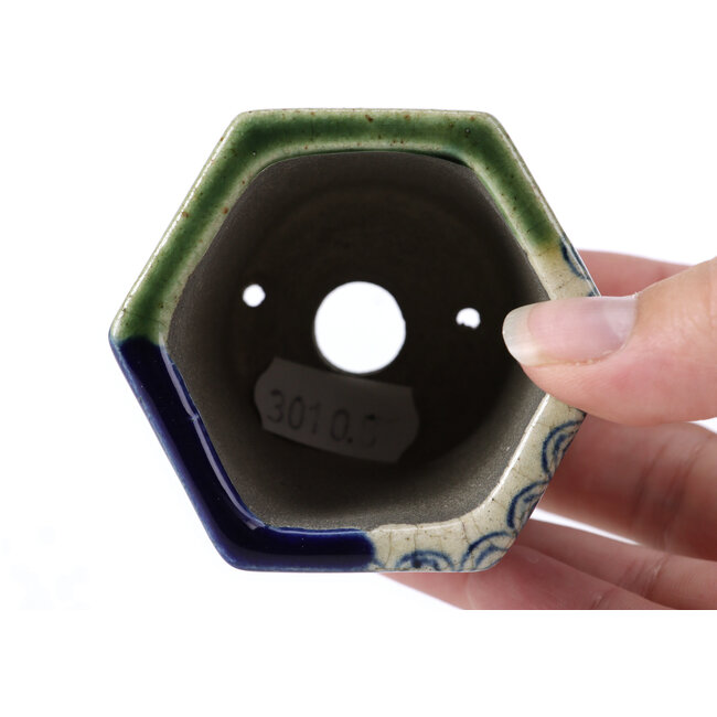 Pot à bonsaï hexagonal vert par Terahata Satomi Mazan - 73 x 65 x 65 mm