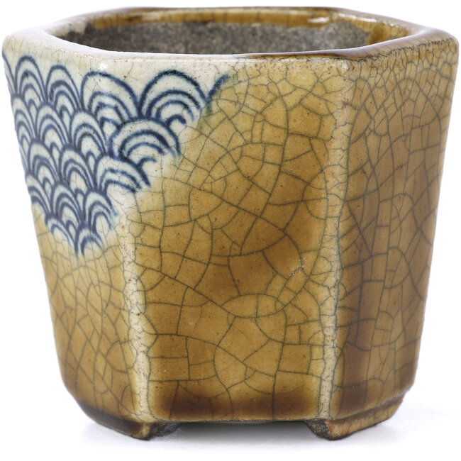 Sechseckige beige Bonsaischale von Terahata Satomi Mazan - 73 x 65 x 65 mm