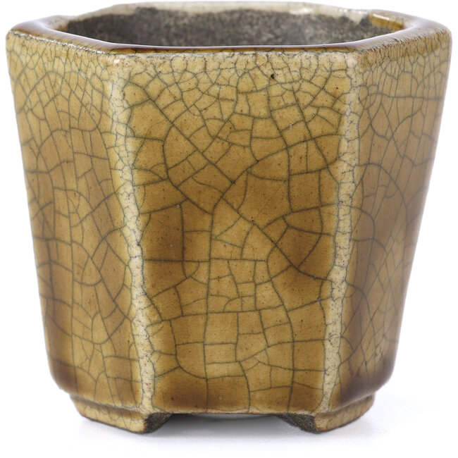 Zeshoekige beige bonsaipot van Terahata Satomi Mazan - 73 x 65 x 65 mm