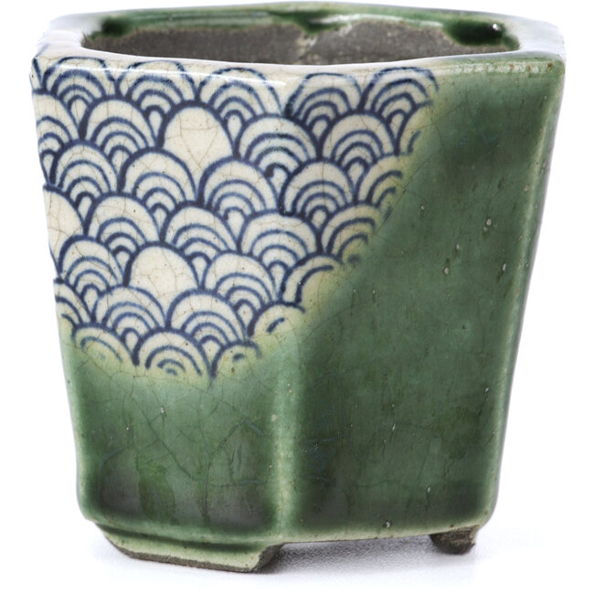 Pot à bonsaï hexagonal vert par Terahata Satomi Mazan - 73 x 65 x 65 mm