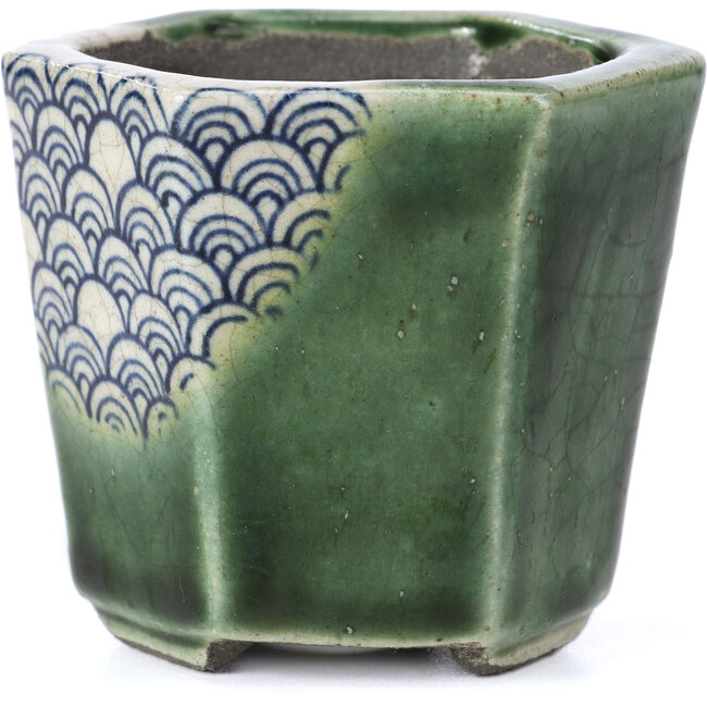 Hexagonal green bonsai pot by Terahata Satomi Mazan - 73 x 65 x 65 mm