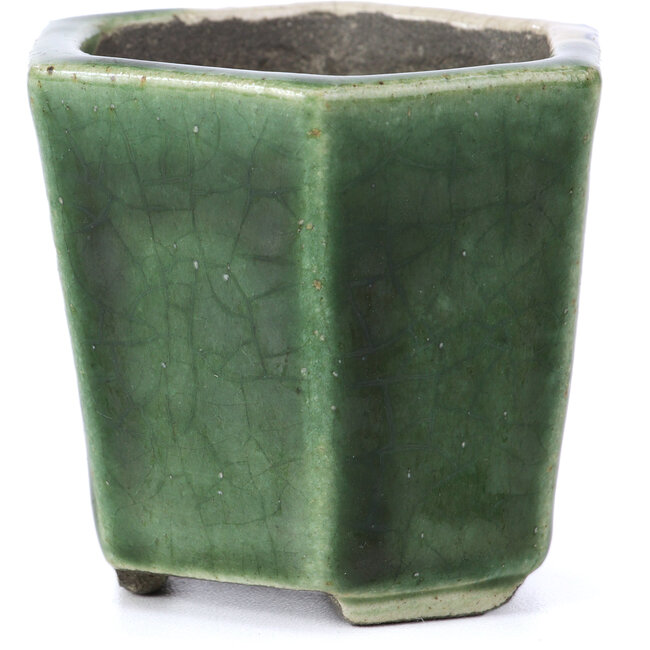 Hexagonal green bonsai pot by Terahata Satomi Mazan - 73 x 65 x 65 mm