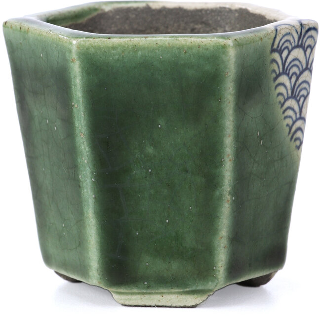 Hexagonal green bonsai pot by Terahata Satomi Mazan - 73 x 65 x 65 mm