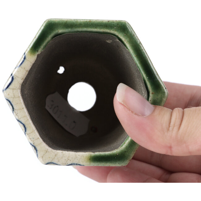 Maceta de bonsái verde hexagonal de Terahata Satomi Mazan - 73 x 65 x 65 mm