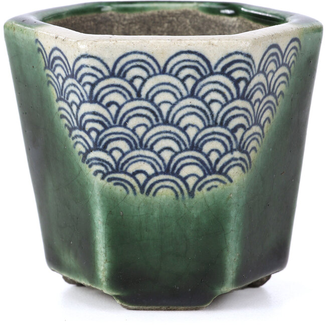 Hexagonal green bonsai pot by Terahata Satomi Mazan - 73 x 65 x 65 mm