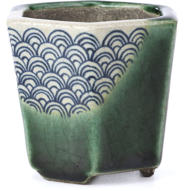 Hexagonal green bonsai pot by Terahata Satomi Mazan - 73 x 65 x 65 mm