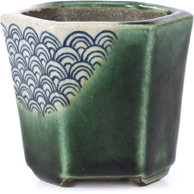 Pot à bonsaï hexagonal vert par Terahata Satomi Mazan - 73 x 65 x 65 mm