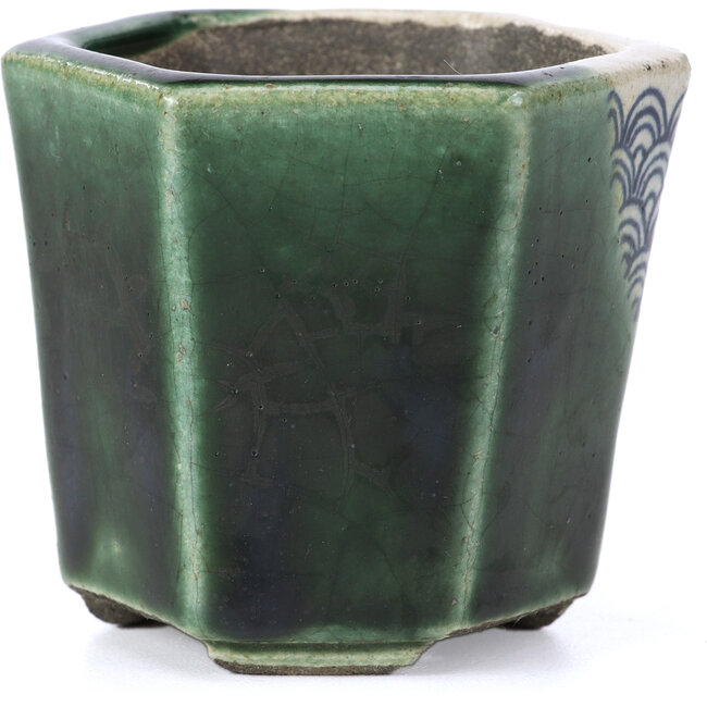 Sechseckige grüne Bonsaischale von Terahata Satomi Mazan - 73 x 65 x 65 mm