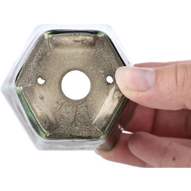 Maceta de bonsái verde hexagonal de Terahata Satomi Mazan - 73 x 65 x 65 mm