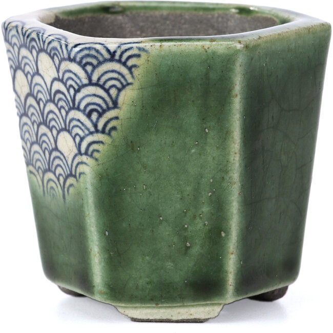 Maceta de bonsái verde hexagonal de Terahata Satomi Mazan - 73 x 65 x 65 mm