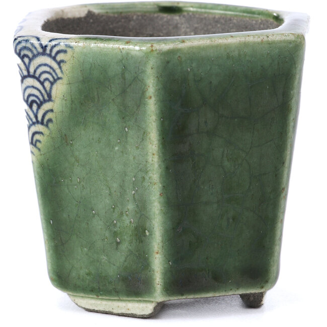 Pot à bonsaï hexagonal vert par Terahata Satomi Mazan - 73 x 65 x 65 mm