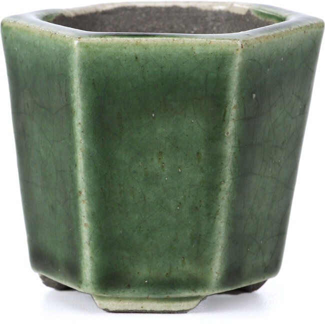 Pot à bonsaï hexagonal vert par Terahata Satomi Mazan - 73 x 65 x 65 mm