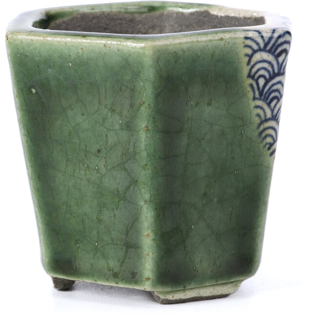 Maceta de bonsái verde hexagonal de Terahata Satomi Mazan - 73 x 65 x 65 mm