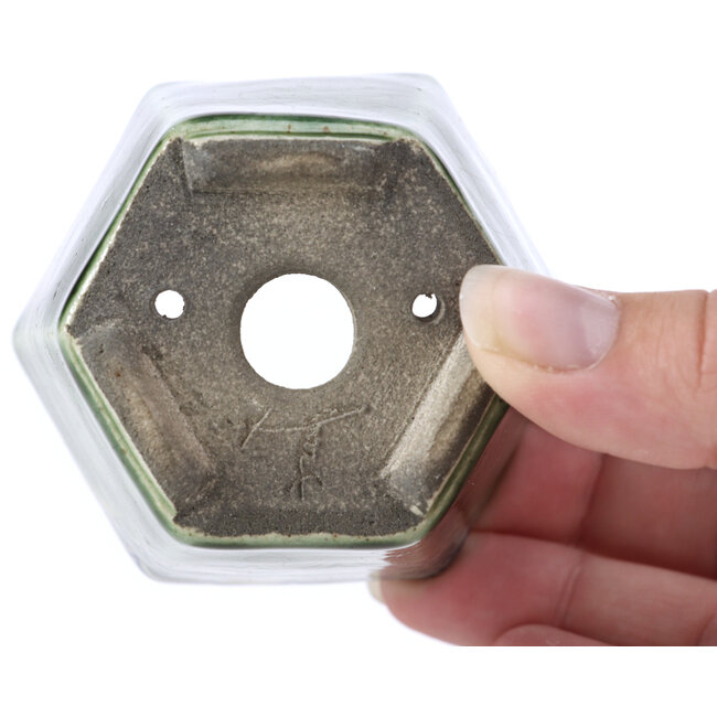 Pot à bonsaï hexagonal vert par Terahata Satomi Mazan - 73 x 65 x 65 mm