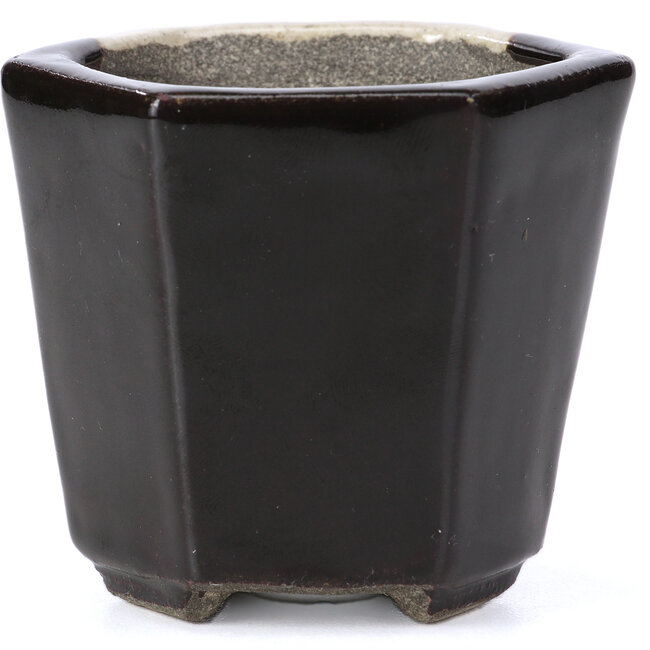 Sechseckige braune Bonsaischale von Terahata Satomi Mazan - 73 x 65 x 65 mm