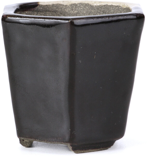 Hexagonal brown bonsai pot by Terahata Satomi Mazan - 73 x 65 x 65 mm