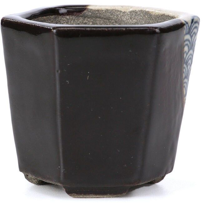 Sechseckige braune Bonsaischale von Terahata Satomi Mazan - 73 x 65 x 65 mm