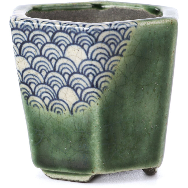 Maceta de bonsái verde hexagonal de Terahata Satomi Mazan - 73 x 65 x 65 mm