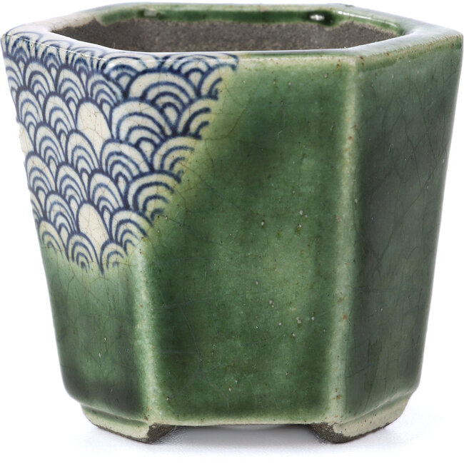 Maceta de bonsái verde hexagonal de Terahata Satomi Mazan - 73 x 65 x 65 mm