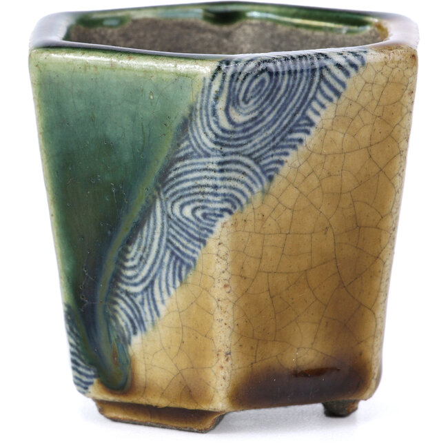 Zeshoekige beige bonsaipot van Terahata Satomi Mazan - 73 x 65 x 65 mm