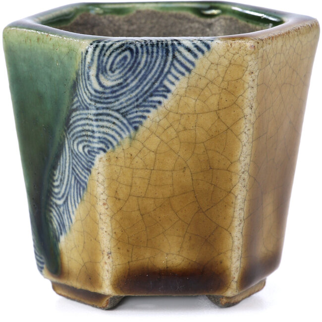 Sechseckige beige Bonsaischale von Terahata Satomi Mazan - 73 x 65 x 65 mm