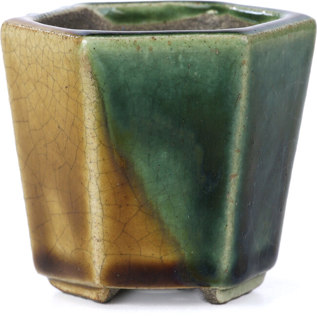 Sechseckige beige Bonsaischale von Terahata Satomi Mazan - 73 x 65 x 65 mm