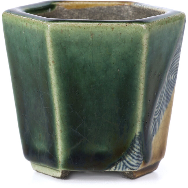 Sechseckige beige Bonsaischale von Terahata Satomi Mazan - 73 x 65 x 65 mm