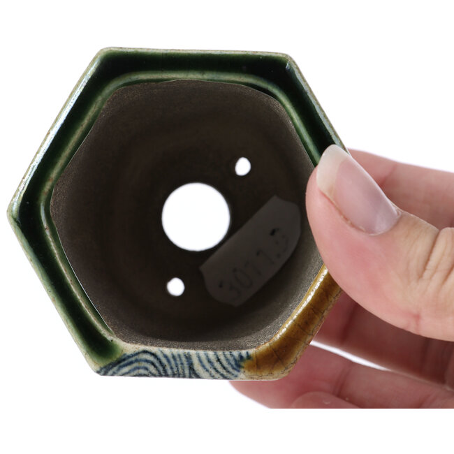 Maceta de bonsái hexagonal beige de Terahata Satomi Mazan - 73 x 65 x 65 mm