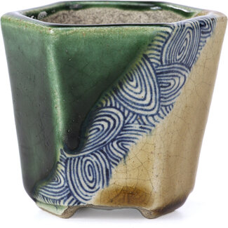  Satomi Mazan, Mazan Terahata Pot à bonsaï beige hexagonal 73 mm par Terahata Satomi Mazan, Tokoname, Japon