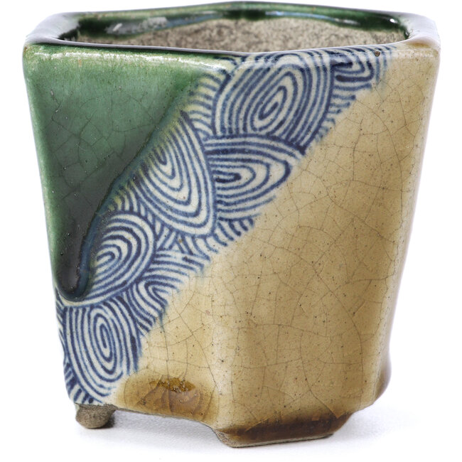 Zeshoekige beige bonsaipot van Terahata Satomi Mazan - 73 x 65 x 65 mm