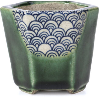  Satomi Mazan, Mazan Terahata Pot à bonsaï vert ovale 73 mm par Terahata Satomi Mazan, Tokoname, Japon