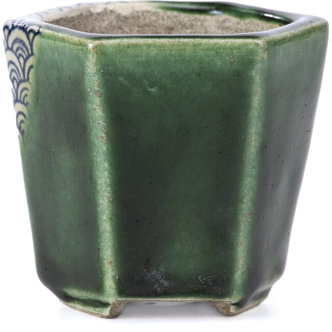 Oval green bonsai pot by Terahata Satomi Mazan - 73 x 65 x 65 mm