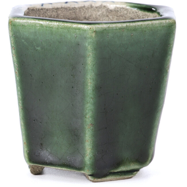 Oval green bonsai pot by Terahata Satomi Mazan - 73 x 65 x 65 mm