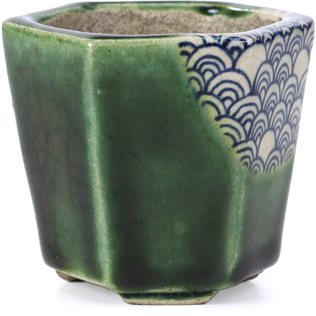 Oval green bonsai pot by Terahata Satomi Mazan - 73 x 65 x 65 mm