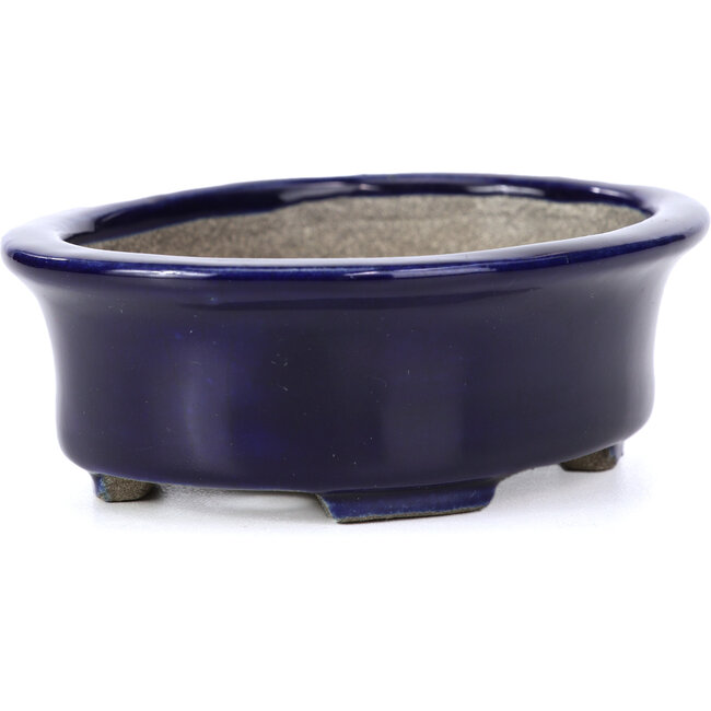 Ovale blauwe bonsaipot van Terahata Satomi Mazan - 110 x 85 x 33 mm