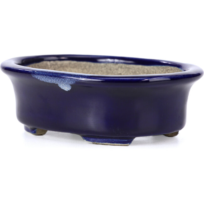 Ovale blaue Bonsaischale von Terahata Satomi Mazan - 110 x 85 x 33 mm