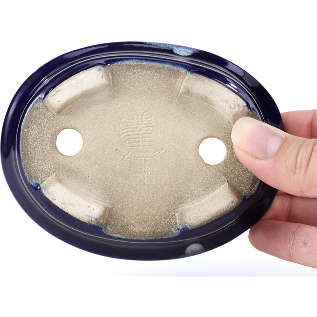 Oval blue bonsai pot by Terahata Satomi Mazan - 110 x 85 x 33 mm