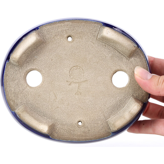 Ovale blauwe bonsaipot van Terahata Satomi Mazan - 160 x 132 x 47 mm